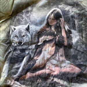 Vintage Cropped Tee Shirt with Wolf and Girl Design 2004